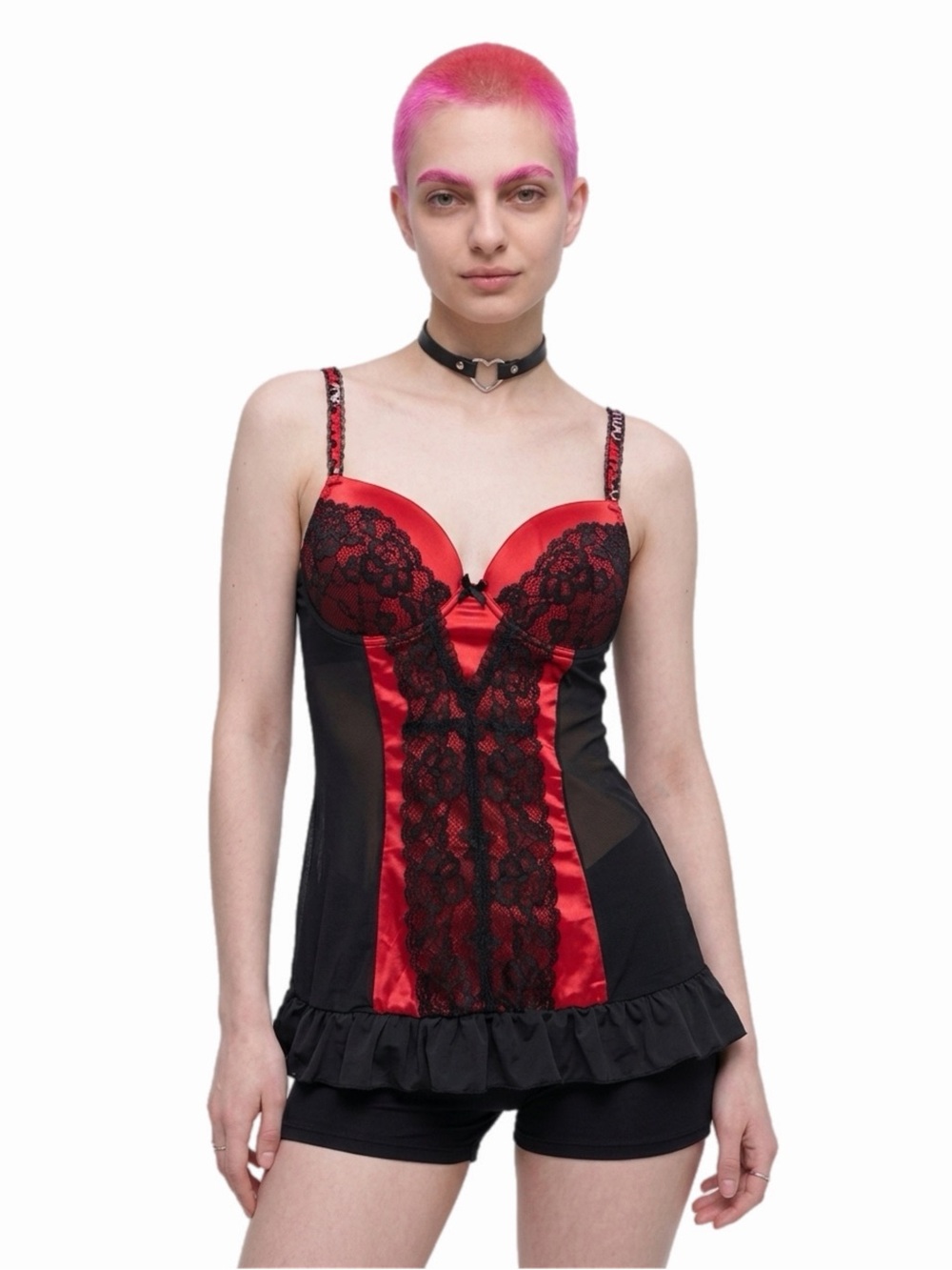 90s/Y2K European Vintage New Look Satin/Lace Corset Babydoll Top (Red/Black) M